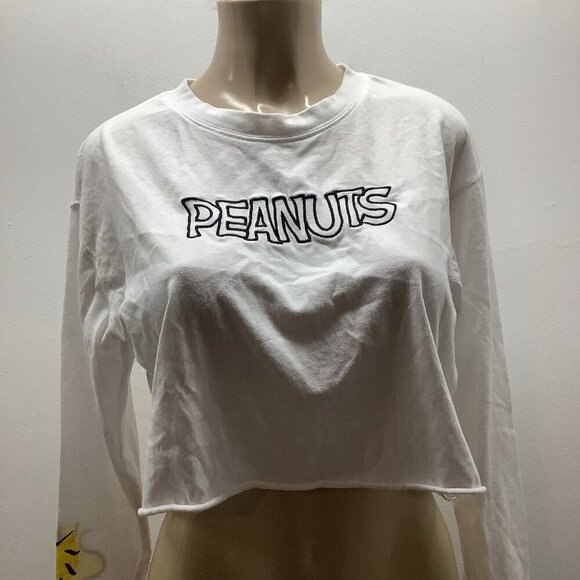 Peanuts Size Large Long Sleeve Cropped White T-Shirt Preloved - Picture 1 of 6